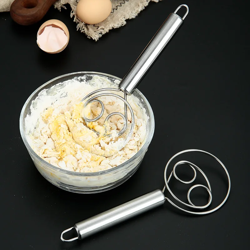 Danish Pancake Pan - デンマーク式ドウウィスク、オランダ式、ステンレス製、快適なグリップ付きハンドミキサー。パン、ケーキ、ビスケット作りに最適。二重コイルヘッド。